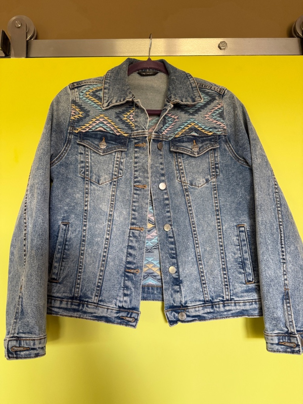 DRIFTWOOD Blue Denim Jacket with Multicolor Aztec Detail Small